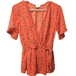 Sienna Sky Floral Peplum Blouse V-Neck Short Flowy Sleeves Boho Waist Tie-Up